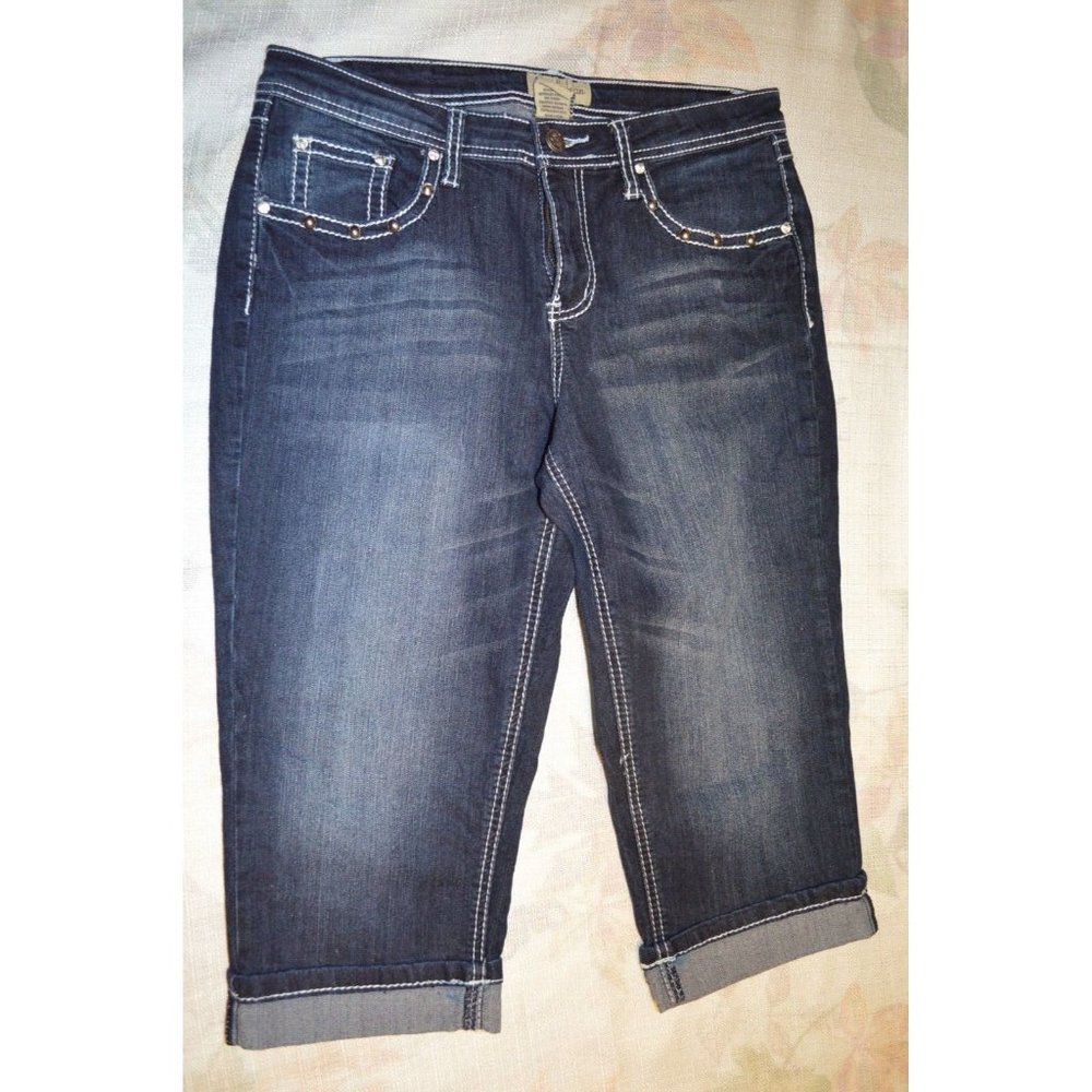 Earl Jeans Capri Studded Womens Size 8 Stretch Bling Cuffed Dark Wash (M)